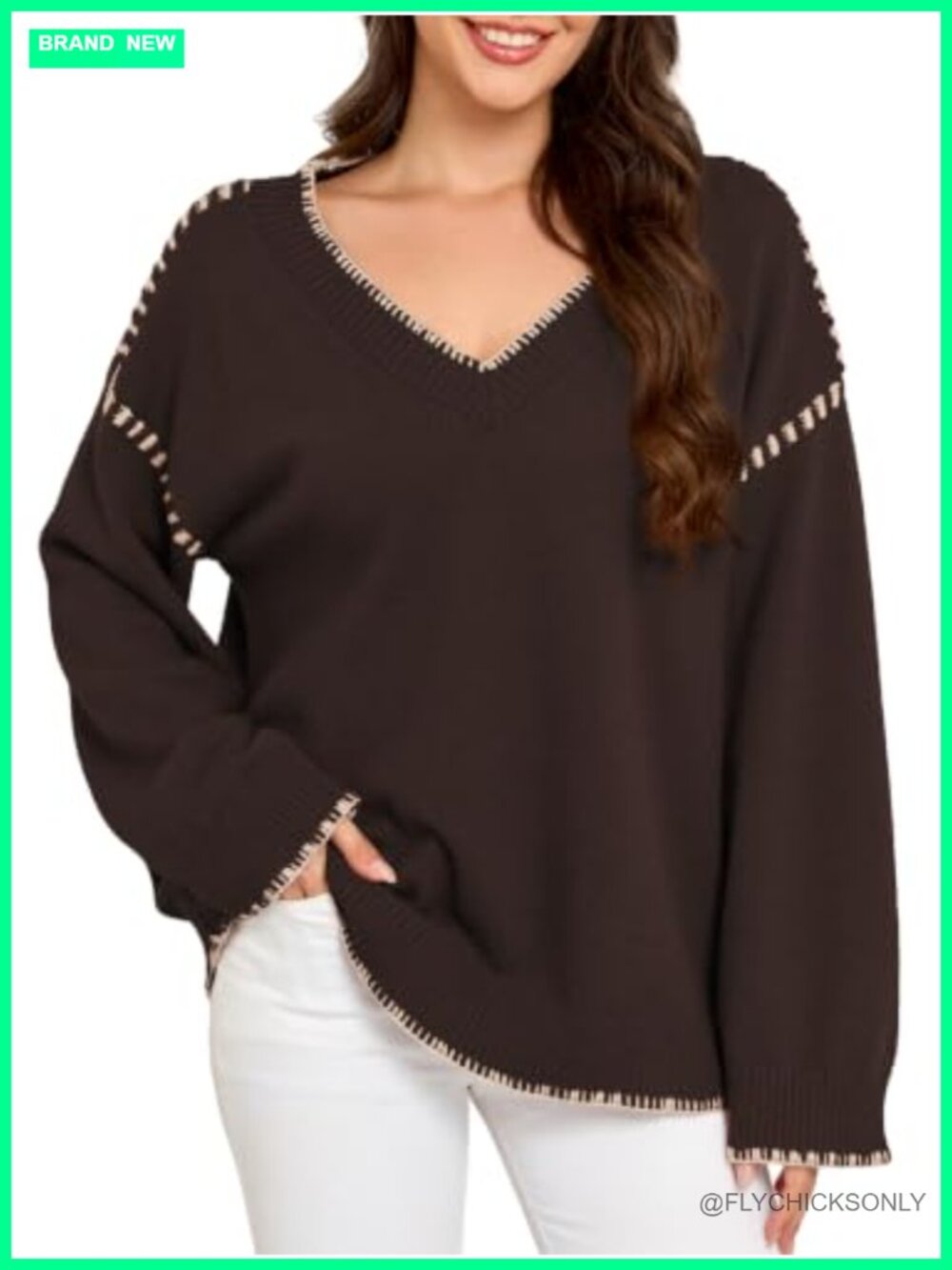 Womens Long Sleeve V Neck Contrast Knit Pullover Sweater Oversized